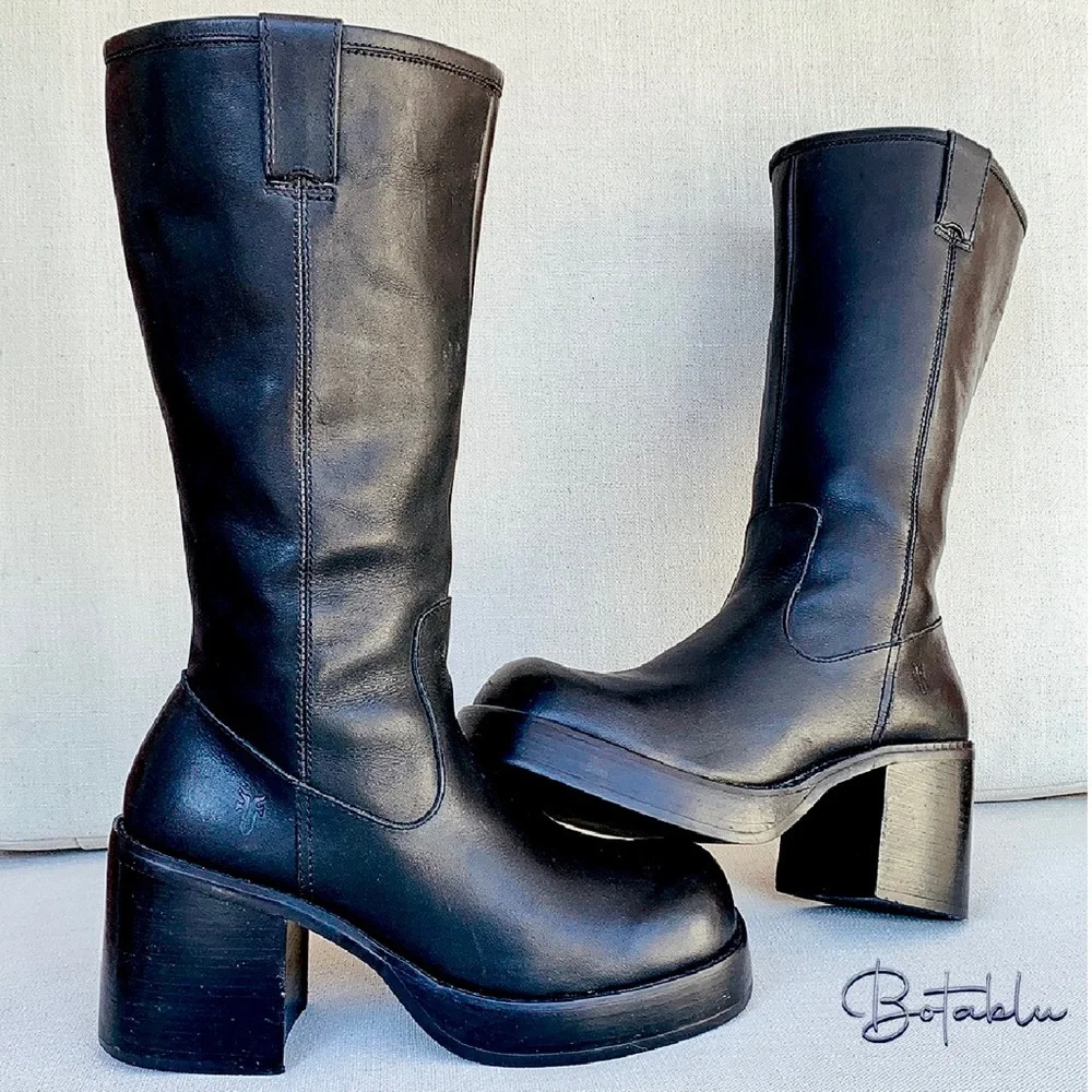 FRYE Vintage Y2K Dorian Platform Chunky Heel Tall Black Zippered Boots, Size 9 - Picture 11 of 13